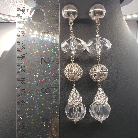 New OS Retro Disco Ball 4" Dangle Pierced Faux Crystal & Silver Tone Earrings - Picture 8 of 9